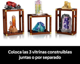 Set LEGO 21362 mostrando pirita, amatista, fluorita, turmalina, rodocrosita y cuarzo en expositores modulares
