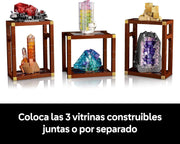 Set LEGO 21362 mostrando pirita, amatista, fluorita, turmalina, rodocrosita y cuarzo en expositores modulares
