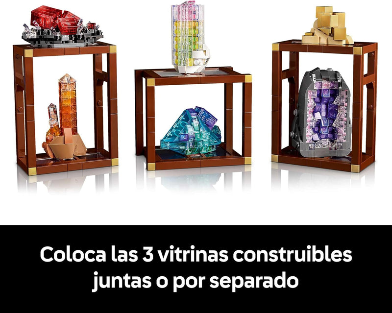 Set LEGO 21362 mostrando pirita, amatista, fluorita, turmalina, rodocrosita y cuarzo en expositores modulares
