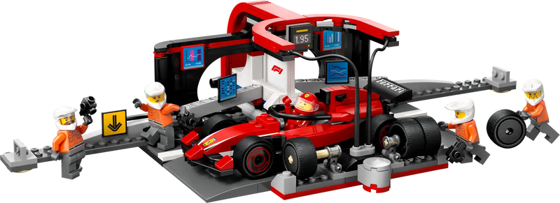 Set LEGO 60443 construido - Parada en boxes de Formula 1 Ferrari con mecanismo de acción, monoplaza rojo, piloto y 4 mecánicos con herramientas
