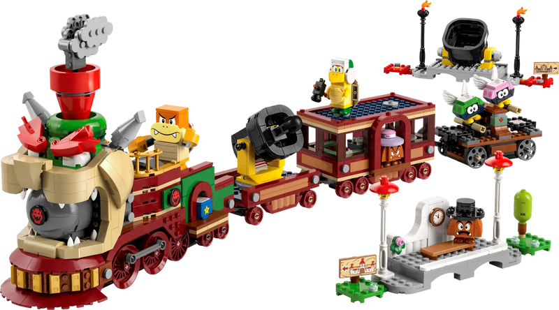 Set LEGO 71437 tren de Bowser de 1392 piezas con cañón automático plataforma giratoria y vagones desmontables
