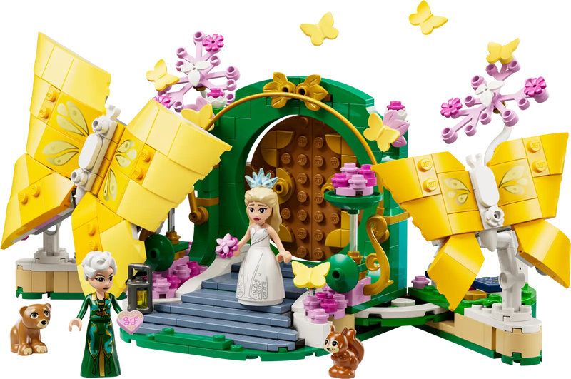 Set LEGO 75688 Boda de Glinda abierto revelando la detallada escena nupcial con minifiguras de Glinda y Fiyero, tarta de boda, ramo de flores e invitación con forma de corazón
