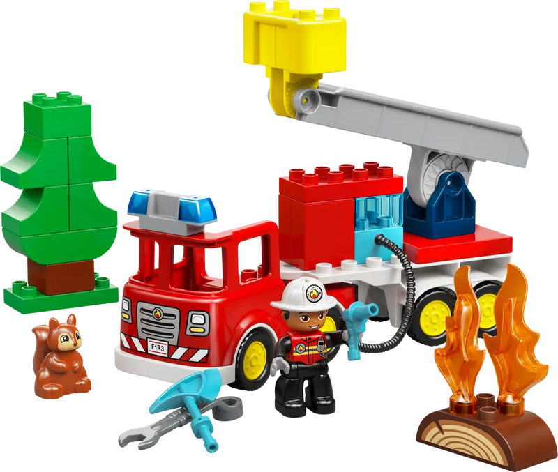 Set LEGO DUPLO 10473 con camión bomberos, árbol, ardilla, bombero y herramientas

