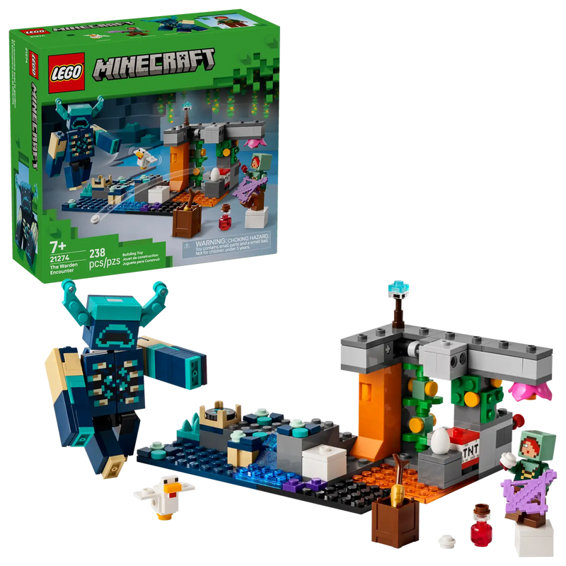 Set LEGO Minecraft 21274 El Encuentro con el Custodio con el bioma profundo, lava, agua y TNT.
