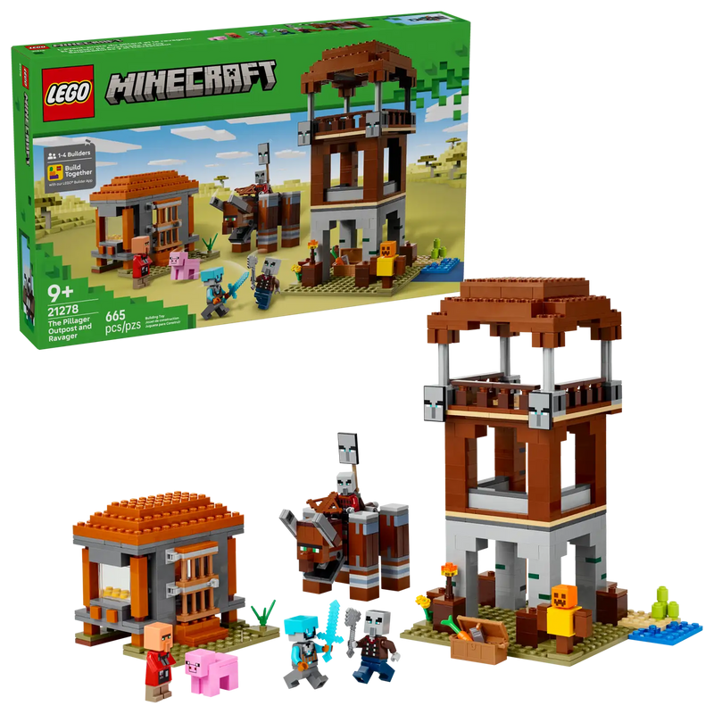 Set LEGO Minecraft El Puesto de Avanzada 21278 con torre de vigilancia, casa y Devastador articulado