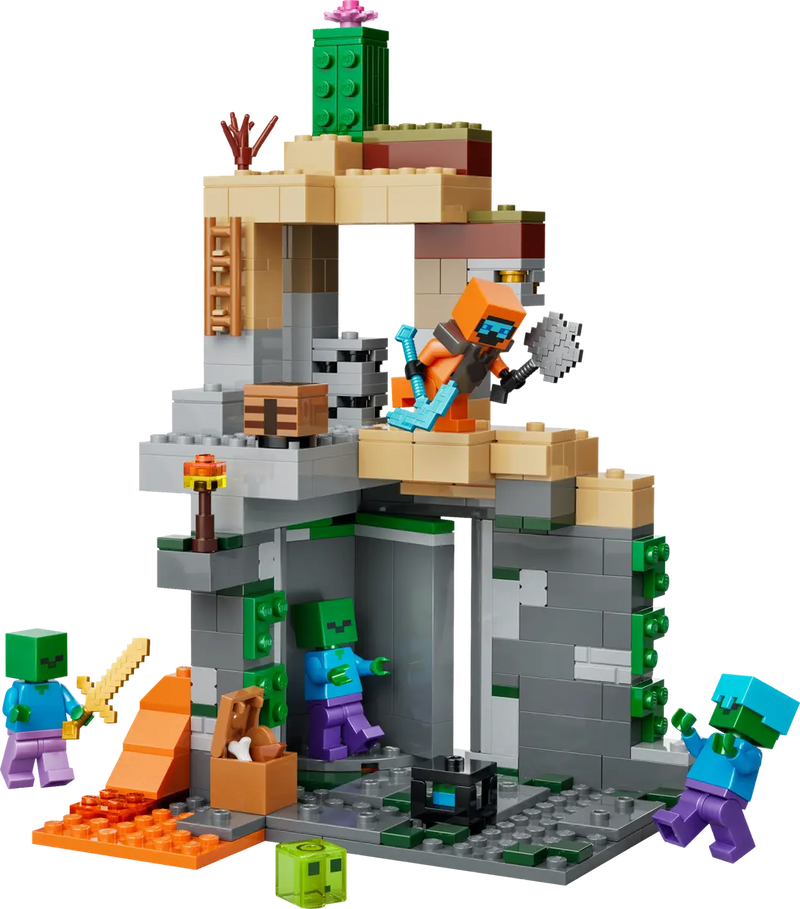Set LEGO Minecraft mazmorra multinivel con zombis, jugador y vegetación desértica