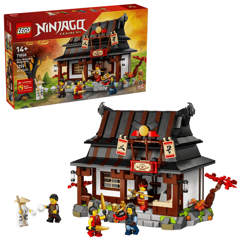 Set LEGO Ninjago 71858 completo con caja, herrería construida, árbol cerezo y 6 minifiguras
