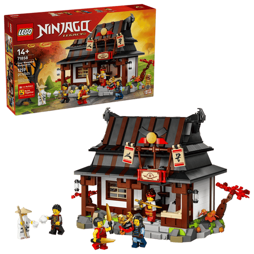Set LEGO Ninjago 71858 completo con caja, herrería construida, árbol cerezo y 6 minifiguras
