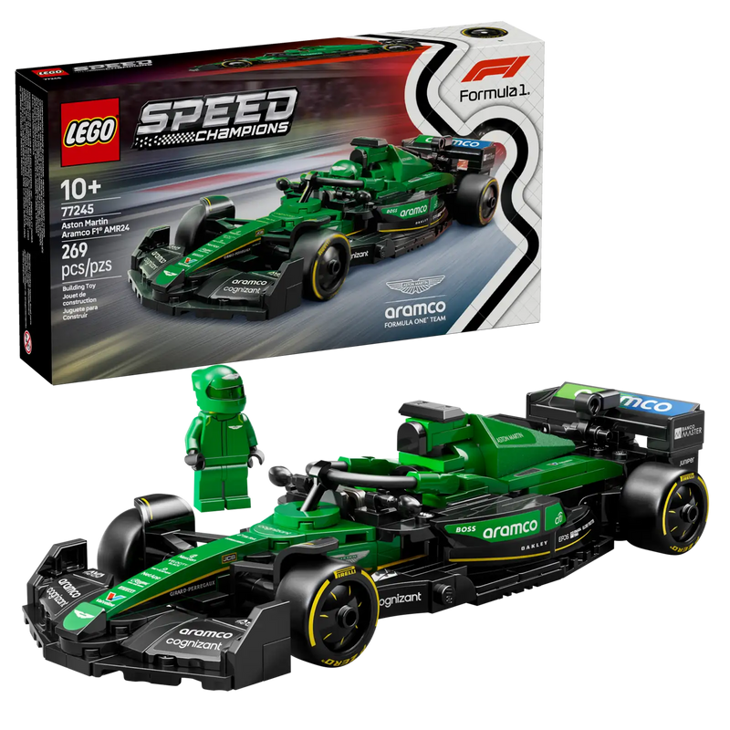 Set LEGO Speed Champions 77245 Aston Martin Aramco F1 AMR24 con 269 piezas, incluye minifigura de piloto con casco y traje oficial, detalles auténticos del monoplaza de Fórmula 1 2024 con alerón trasero, halo, suspensión de doble horquilla y neumáticos Pirelli
