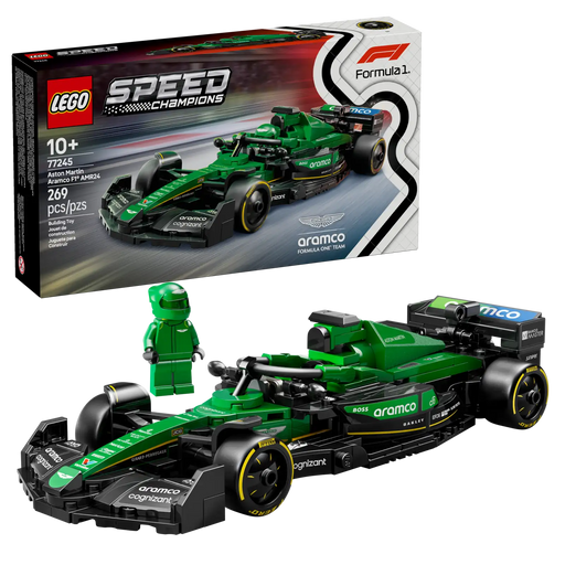 Set LEGO Speed Champions 77245 Aston Martin Aramco F1 AMR24 con 269 piezas, incluye minifigura de piloto con casco y traje oficial, detalles auténticos del monoplaza de Fórmula 1 2024 con alerón trasero, halo, suspensión de doble horquilla y neumáticos Pirelli
