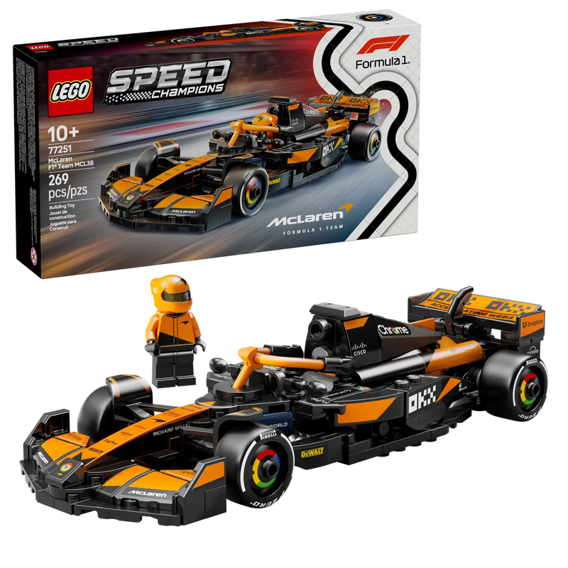 Set LEGO Speed Champions McLaren F1 Team MCL38 con caja oficial, coche montado y minifigura incluida, 269 piezas