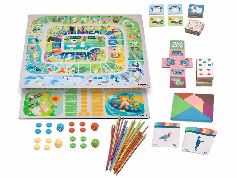 Set completo Cayro 6 Juegos 7041 - Tableros fichas dados Memory Tangram Mikado madera caja metálica
