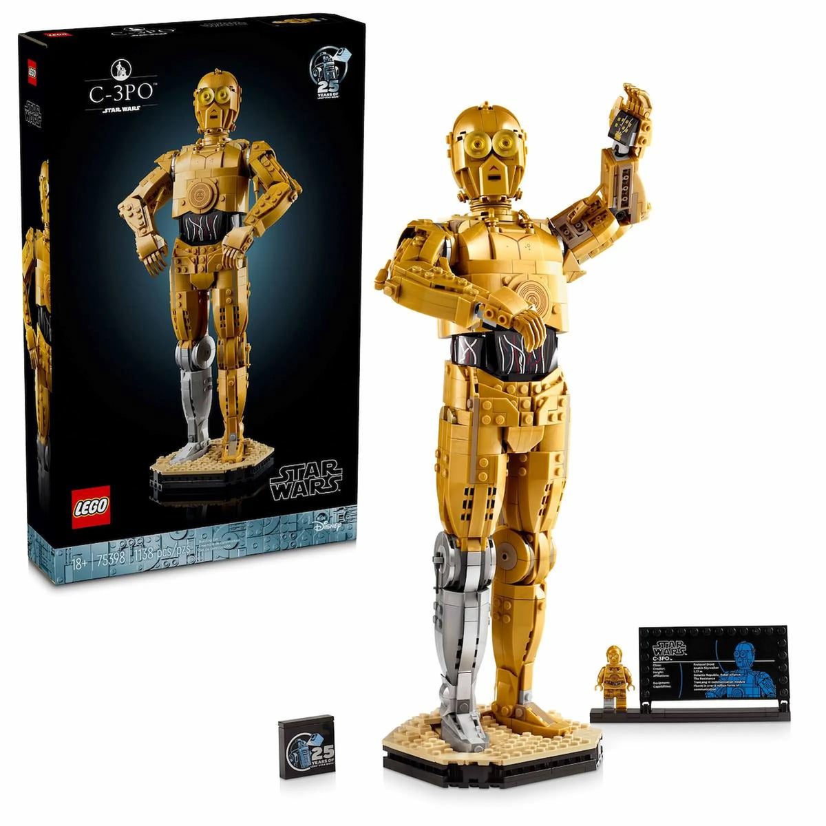 Set completo LEGO 75398 C-3PO con caja, figura 38cm, base placa datos, minifigura y ladrillo 25 aniversario

