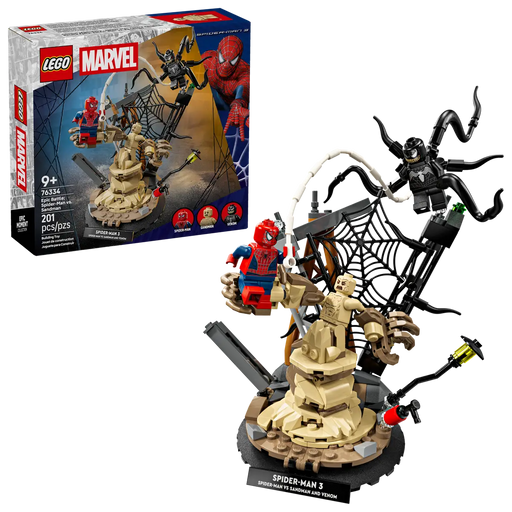 Set completo LEGO Marvel 76334 con caja Spider-Man 3, torre construida, base negra y 3 minifiguras batalla
