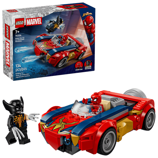 Set completo LEGO Marvel 76336 con caja, coche construido, minifiguras Spider-Man y Lobezno Venom
