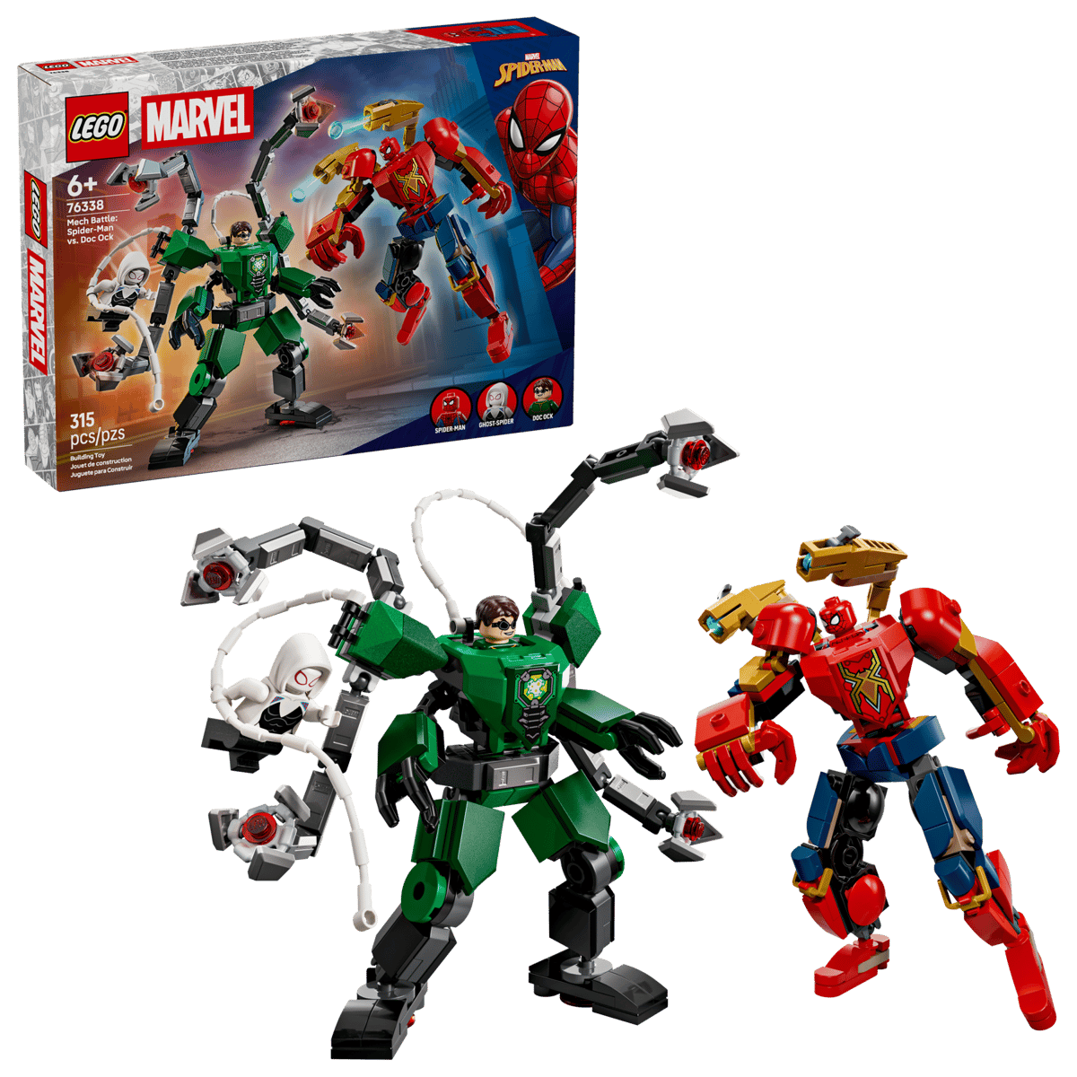 Set completo LEGO Marvel 76338 con caja, armadura Spider-Man roja, armadura Doc Ock verde y 3 minifiguras
