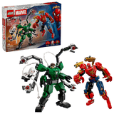 Set completo LEGO Marvel 76338 con caja, armadura Spider-Man roja, armadura Doc Ock verde y 3 minifiguras
