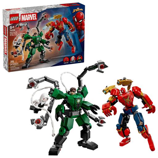 Set completo LEGO Marvel 76338 con caja, armadura Spider-Man roja, armadura Doc Ock verde y 3 minifiguras
