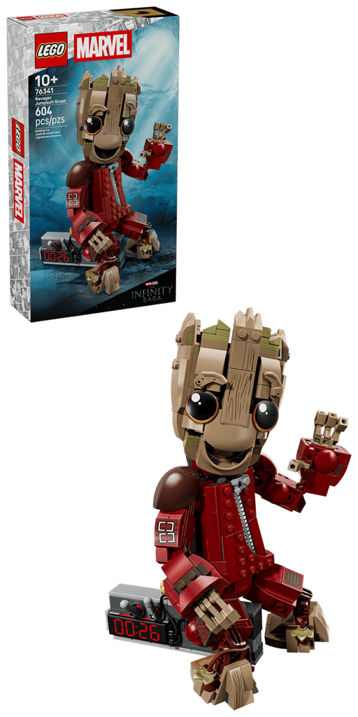 Set completo LEGO Marvel 76341 con caja Guardianes Galaxia, Groot construido 25cm y detonador botones
