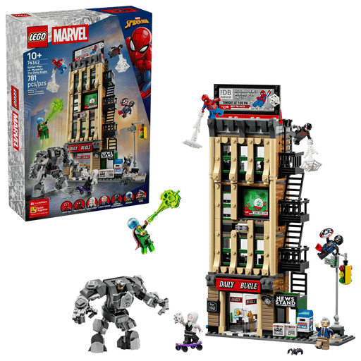 Set completo LEGO Marvel 76342 con caja, Daily Bugle construido, minifiguras, meca y accesorios
