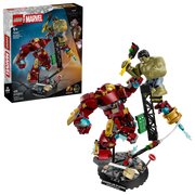 Set completo LEGO Marvel 76343 con caja Era Ultrón, Hulkbuster construido, base negra y minifiguras

