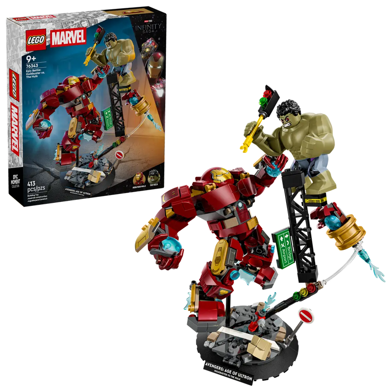 Set completo LEGO Marvel 76343 con caja Era Ultrón, Hulkbuster construido, base negra y minifiguras

