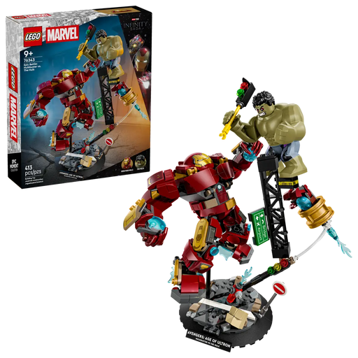 Set completo LEGO Marvel 76343 con caja Era Ultrón, Hulkbuster construido, base negra y minifiguras

