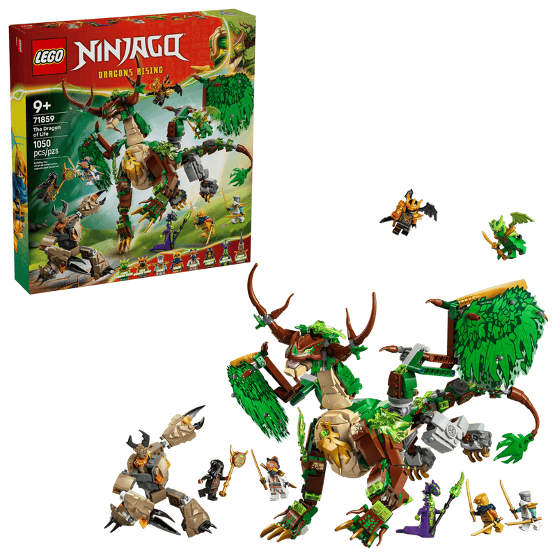 Set completo LEGO Ninjago 71859 con caja, dragón verde construido, meca articulado y 8 minifiguras
