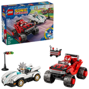 Set completo LEGO Sonic 77118 con caja azul, coche Silver, monster truck Knuckles y Chaos Emeralds

