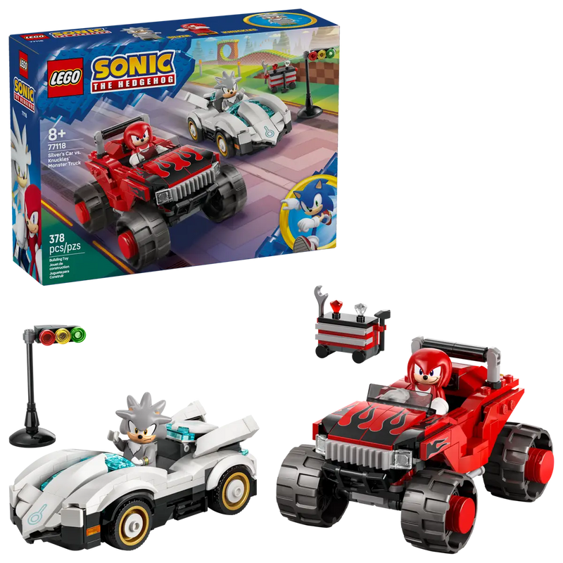 Set completo LEGO Sonic 77118 con caja azul, coche Silver, monster truck Knuckles y Chaos Emeralds
