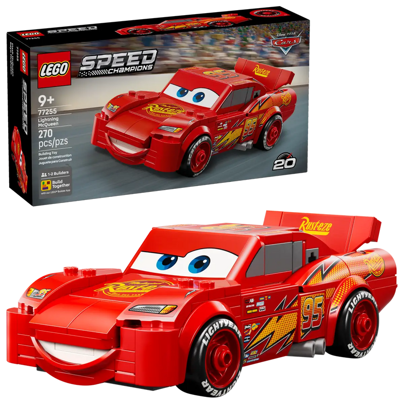 Set completo LEGO Speed Champions 77255 con caja negra 20 aniversario Cars y Rayo McQueen construido

