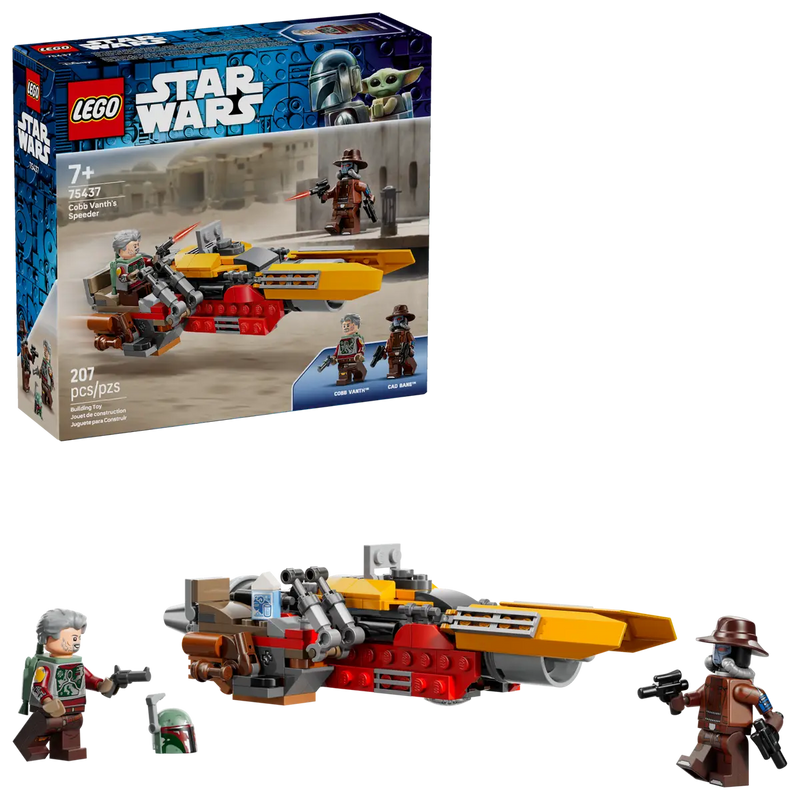 Set completo LEGO Star Wars 75437 con caja, speeder construido, dos minifiguras y accesorios Tatooine
