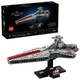 Set completo LEGO Star Wars 75441 con caja, crucero Venator construido y base exposición placa

