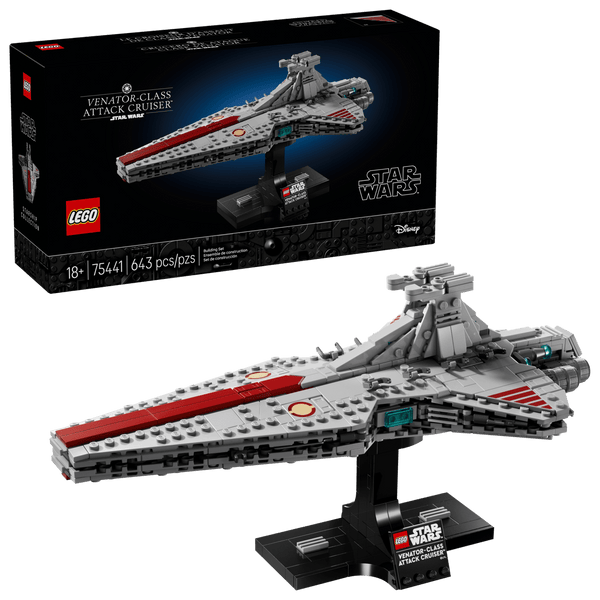 Set completo LEGO Star Wars 75441 con caja, crucero Venator construido y base exposición placa
