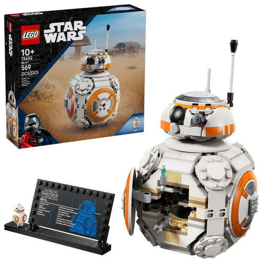 Set completo LEGO Star Wars 75452 con caja, BB-8 construido, minifigura BB-8 y placa informativa negra
