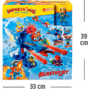 Set completo SuperThings Blaster Jet con avión transformable, figuras de pilotos SuperThings, proyectiles y accesorios de batalla aérea, código EAN 8431618043813
