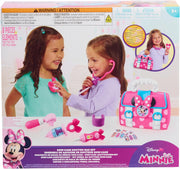 Set completo de accesorios médicos infantiles Minnie Mouse con maletín de transporte decorado con lazos característicos, incluye instrumentos de juego como jeringa, vendas y herramientas de doctora para juego de roles
