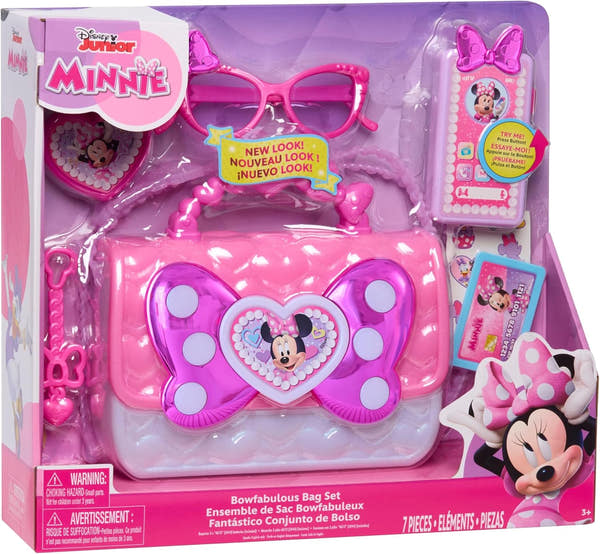 Set de bolsos Minnie Mouse Bowfabulous Bag Set de Disney con diseños de lunares y lazos en rosa, negro y blanco, accesorios de juego para niñas a partir de 3 años
