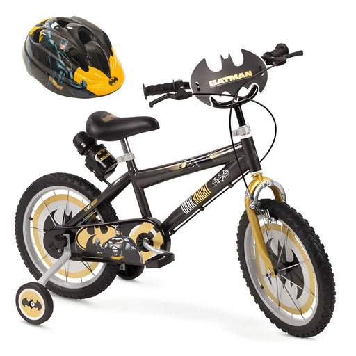 Set de bicicleta y casco infantil de Batman de Toimsa, 16 pulgadas, en color negro, con detalles y accesorios temáticos, ideal para niños de 110 a 120 cm.