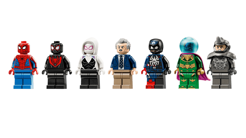 Siete minifiguras LEGO Marvel 76342: Spider-Man, Miles, Fantasma, Jameson, Mysterio, Cap Venom, Rino
