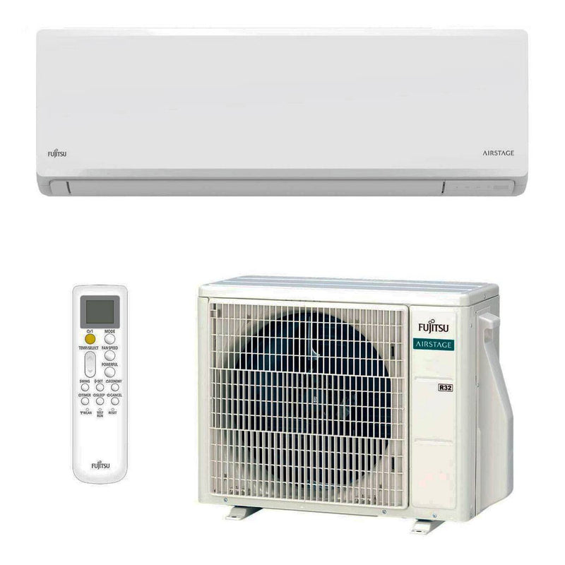 Sistema completo aire acondicionado Fujitsu con unidad interior split y unidad exterior compresor, equipo inverter con gas refrigerante ecológico R32 para climatización residencial
