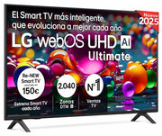 Smart TV LG 50UA75006LA de 50 pulgadas con pantalla 4K UHD, diseño sin marco en color negro y base de patas, mostrando imagen de alta calidad con tecnología HDR10 y procesador Alpha 7
