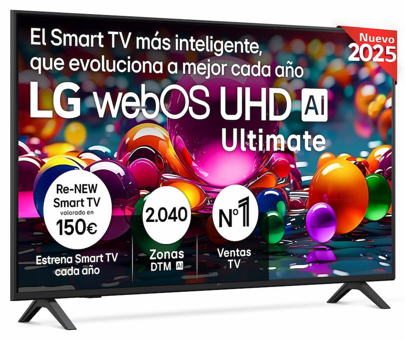 Smart TV LG 50UA75006LA de 50 pulgadas con pantalla 4K UHD, diseño sin marco en color negro y base de patas, mostrando imagen de alta calidad con tecnología HDR10 y procesador Alpha 7
