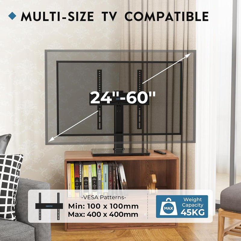 Soporte TV pie giratorio negro con estructura de acero laminado, altura ajustable y rotación 50 grados
