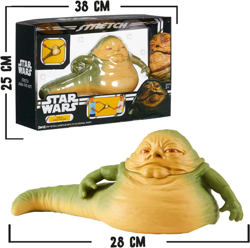 Stretch Jabba the Hutt de Famosa en posición extendida demostrando tecnología elástica avanzada y fidelidad al icónico villano de Star Wars
