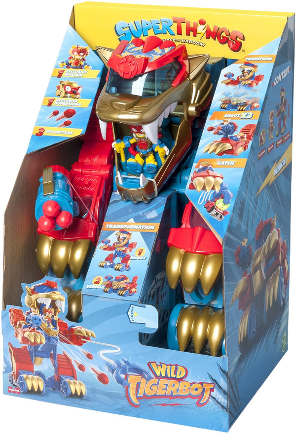 SuperThings Wild Tiger Transformer Robot de Magic Box en modo ataque con garras disparadoras y cañón de proyectiles, referencia PSTSP112IN120
