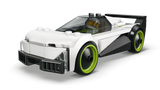 Supercoche LEGO blanco con llantas verde lima alerón y cabina abierta
