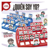 Infographic: ¿Quién Soy Yo? game by Game Planet with blue and red boards and character cards
