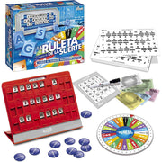 Tablero con ruleta, panel de letras y tarjetas del juego.
