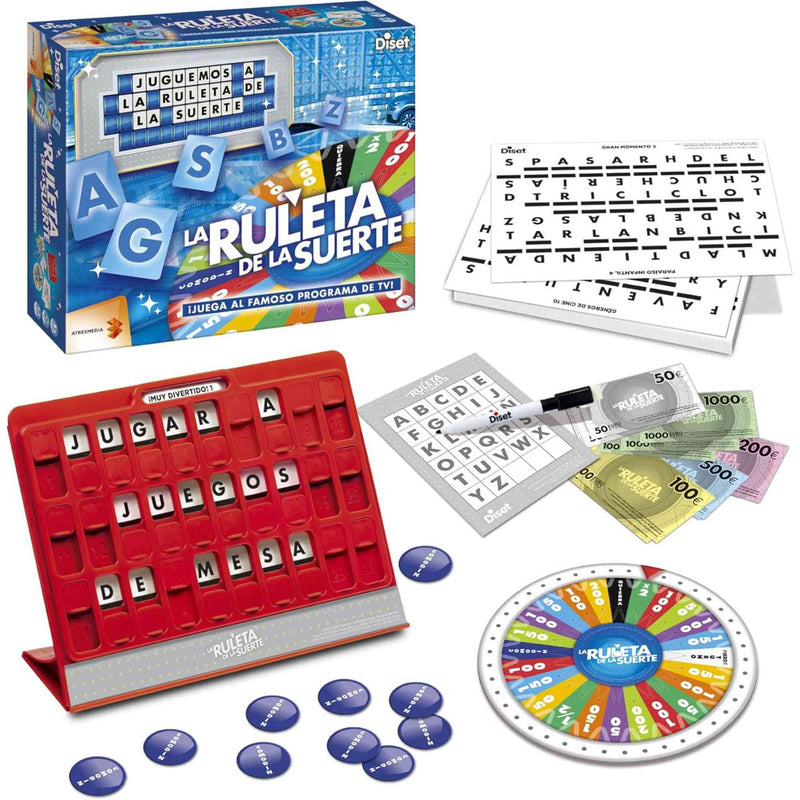 Tablero con ruleta, panel de letras y tarjetas del juego.
